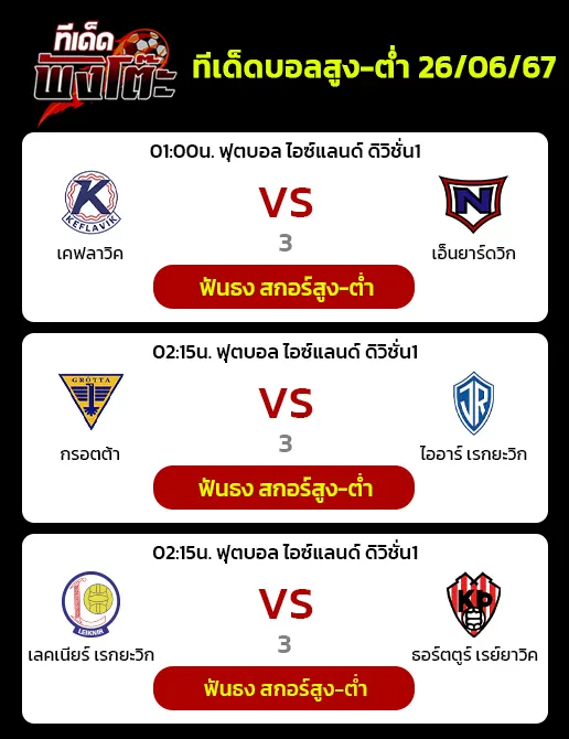 เลคเนียร์ เรกยะวิก vs ธอร์ตตูร์ เรย์ยาวิค-เคฟลาวิค vs เอ็นยาร์ดวิก-กรอตต้า vs ไออาร์ เรกยะวิก