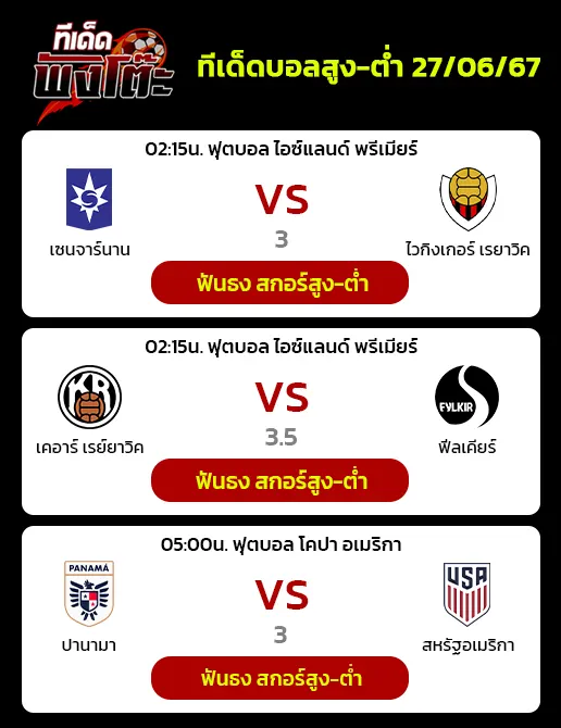 ปานามา vs สหรัฐอเมริกา-เคอาร์ เรย์ยาวิค(9) vs ฟีลเคียร์(12)-เซนจาร์นาน การ์ดาแบร์(6) vs ไวกิงเกอร์ เรยาวิค(1)