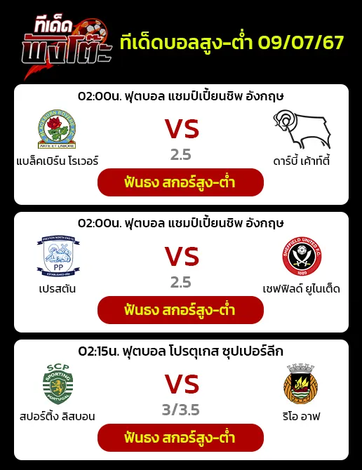 สปอร์ติ้ง ลิสบอน vs ริโอ อาฟ-แบล็คเบิร์น vs ดาร์บี้-เปรสตัน vs เชฟฯ ยูไนเต็ด