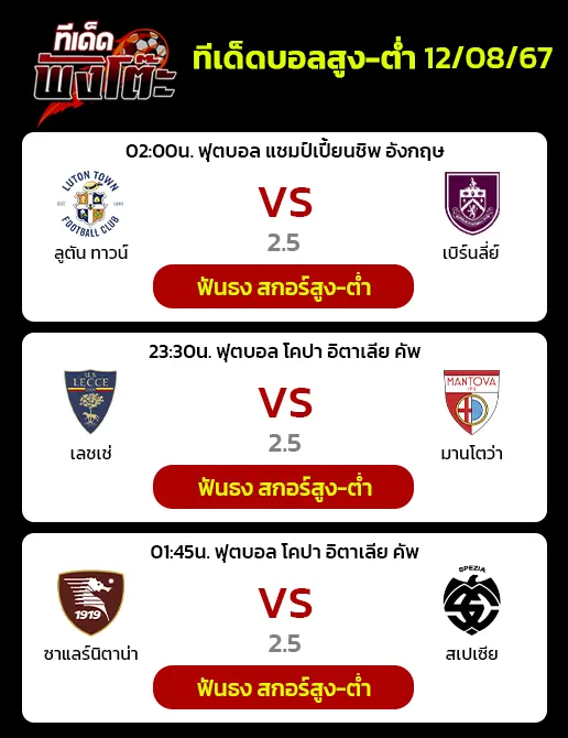 ซาแลร์นิตาน่า VS สเปเซีย-ลูตัน ทาวน์ vs เบิร์นลี่ย์-เลชเช่ vs มอนโตวา