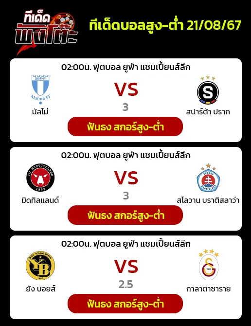 มิดทิลแลนด์ vs สโลวาน บราติสลาว่า-มัลโม่ vs สปาร์ต้า ปราก-ยัง บอยส์ vs กาลาตาซาราย