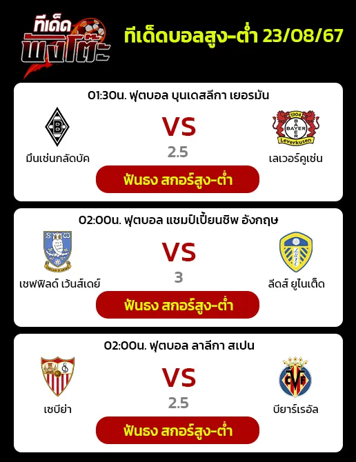 เชฟฟิลด์ เว้นส์เดย์ vs ลีดส์ ยูไนเต็ด-มึนเช่นกลัดบัค vs เลเวอร์คูเซ่น-เซบีย่า vs บียาร์เรอัล