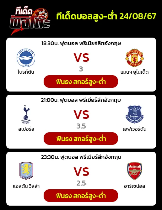 ไบรท์ตัน vs แมนเชสเตอร์ ยูไนเต็ด-สเปอร์ vs เอฟเวอตัน-แอสตัน วิลล่า vs อาร์เซน่อล