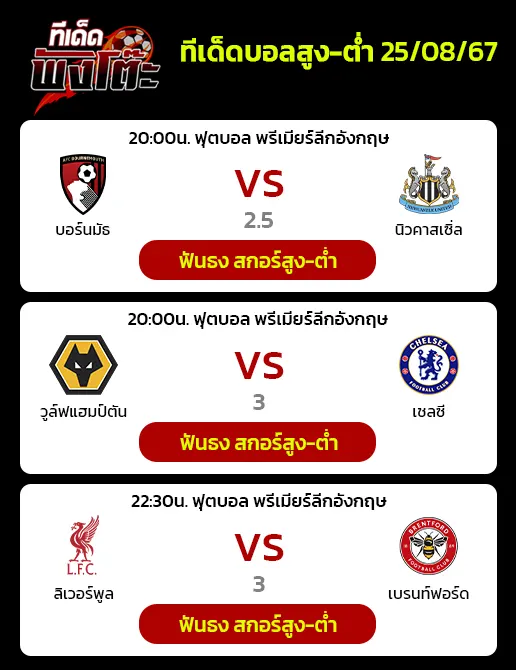 วูล์ฟแฮมป์ตัน vs เชลซี-บอร์นมัธ vs นิวคาสเซิล-ลิเวอร์พูล vs เบรนท์ฟอร์ด