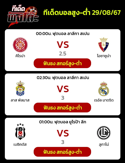 ลาส พัลมาส vs เรอัล มาดริด-กิโรน่า vs โอซาซูน่า-เบซิคตัส vs ลูกาโน่