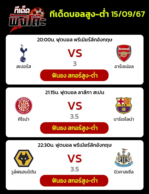 สเปอร์ส vs อาร์เซน่อล-วูล์ฟแฮมป์ตัน vs นิวคาสเซิ่ล-กิโรน่า vs บาร์เซโลน่า