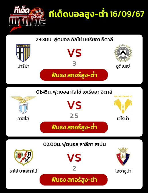 ปาร์ม่า vs อูดิเนเซ่-ลาซิโอ vs เวโรน่า-ราโย่ บาเยกาโน่ vs โอซาซูน่า