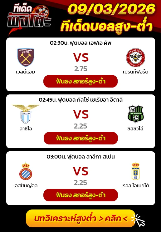 ทีเด็ดสกอร์สูงต่ำ 09/03/2026